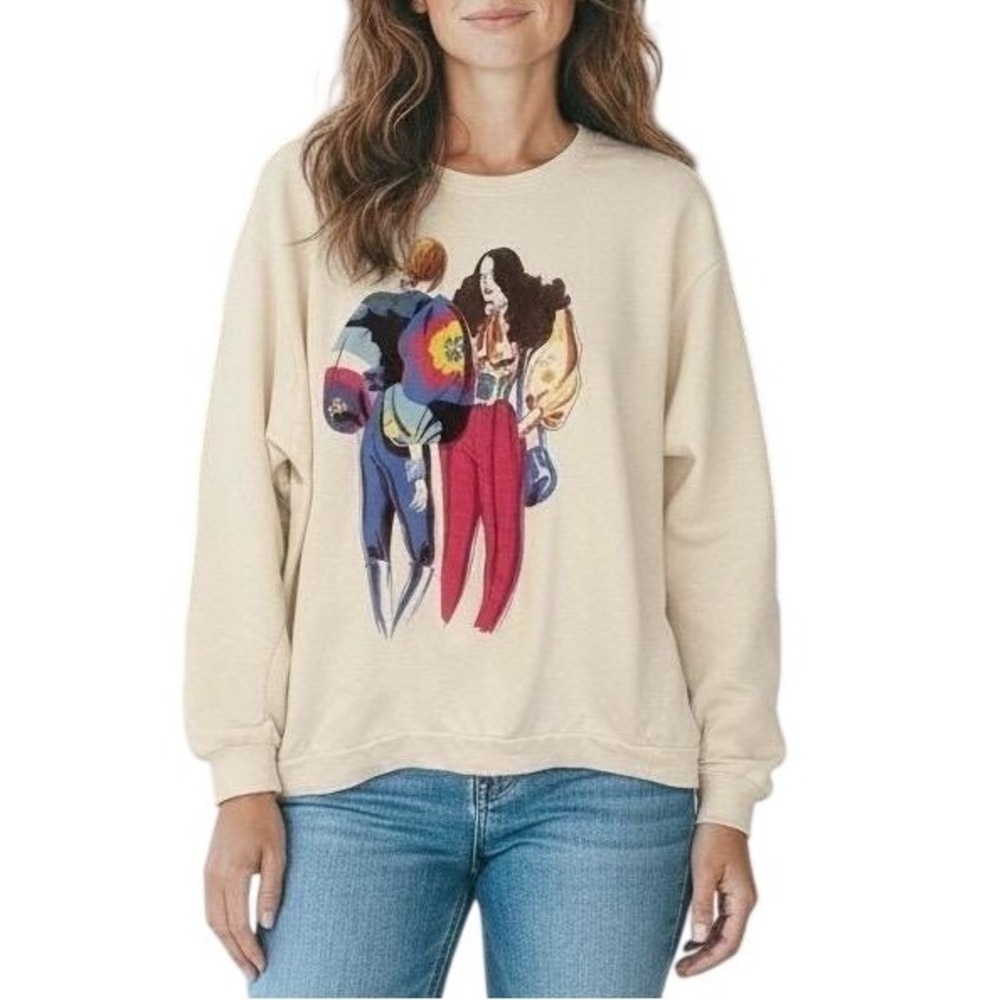 ZARA Graphic Print Crewneck Sweatshirt Cream‎ Oversized Art Illustration XL